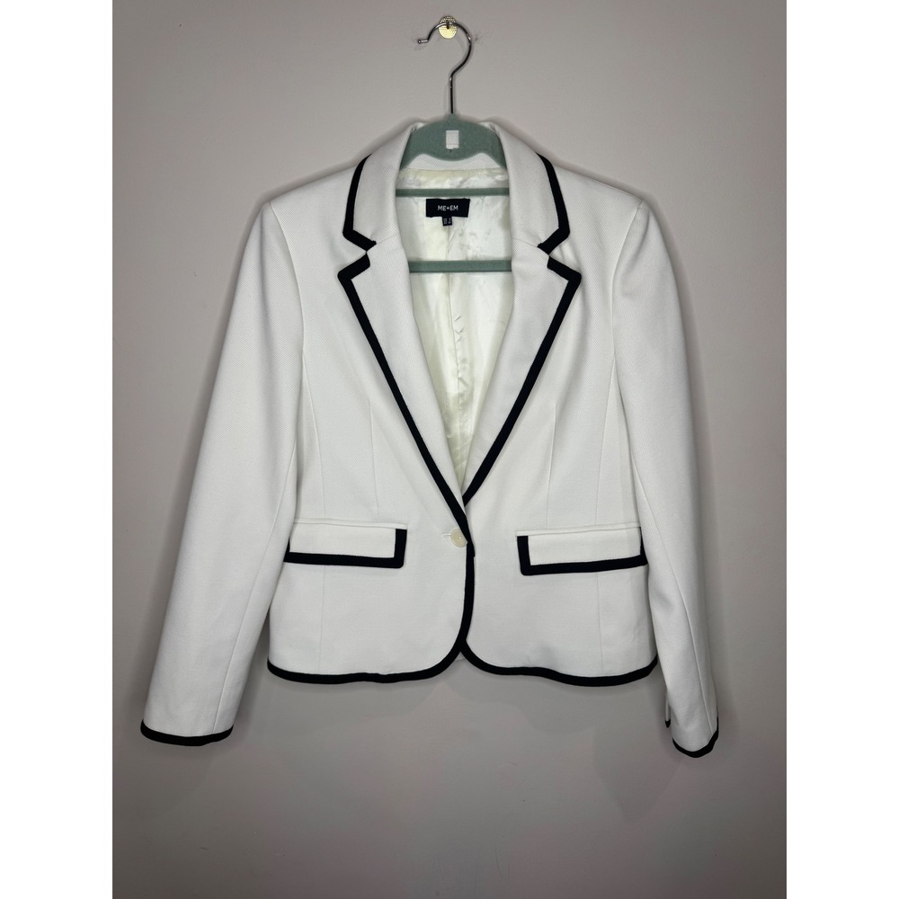 ME+EM White One Button Blazer Black Piping sz 4